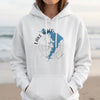 White hoodie with Lake Waco, Texas map and compass graphic.