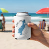 White can cooler with blue Lake Onota Massachusetts map and compass graphic.