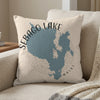 Sebago Lake Maine map graphic on a linen throw pillow with compass detail.