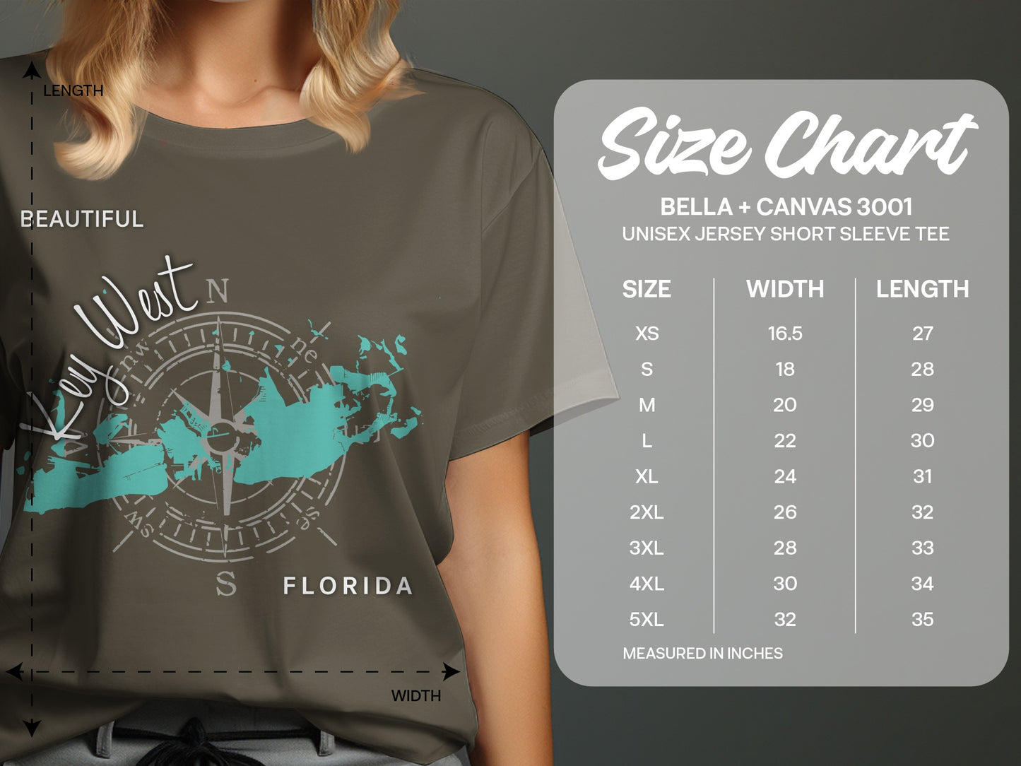 Size chart for Bella + Canvas 3001 unisex t-shirt with Key West map graphic.