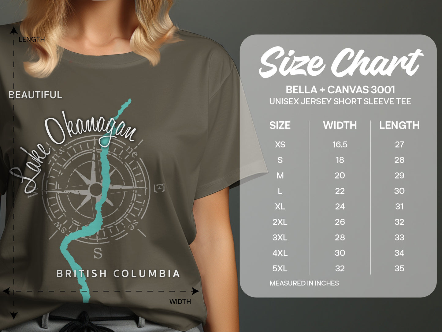 T-shirt with "Lake Okanagan British Columbia" and compass graphic, beside size chart.