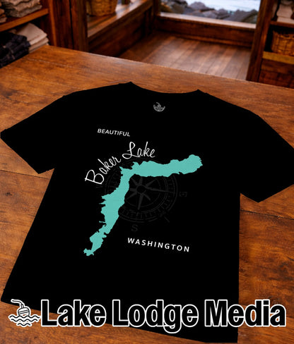 Black t-shirt with "Beautiful Baker Lake" and Washington state map outline.