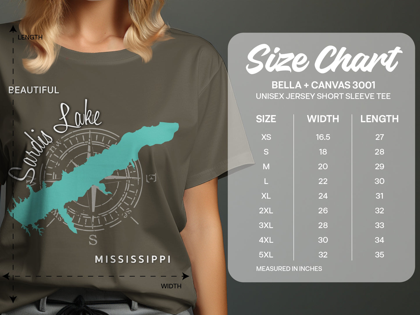 Sardis Lake Mississippi graphic on a t-shirt with size chart.