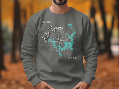 Gray sweatshirt with "Beautiful Lake Texoma Texas" and compass rose design.