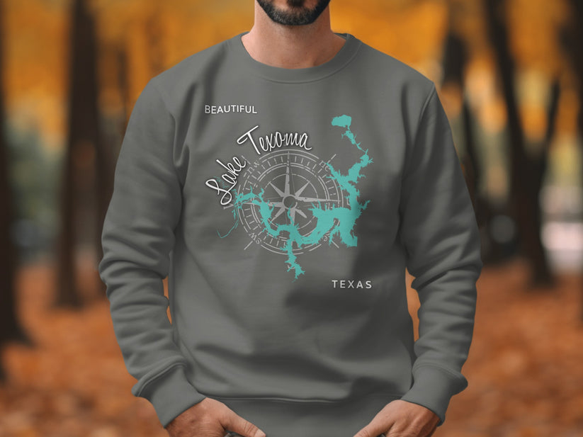 Gray sweatshirt with "Beautiful Lake Texoma Texas" and compass rose design.