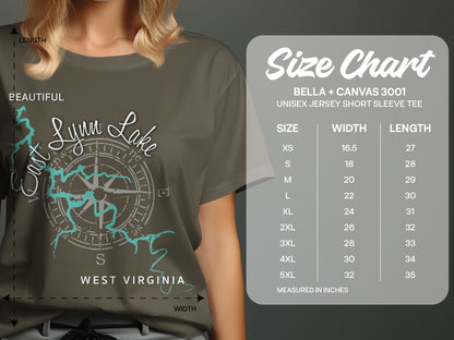 T-shirt size chart for Bella + Canvas 3001 unisex short sleeve tee.