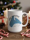 White mug with blue Lake Manawa Iowa map and compass rose graphic.