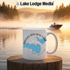White mug with Brooks and Hess Lake design, Michigan map, and compass.