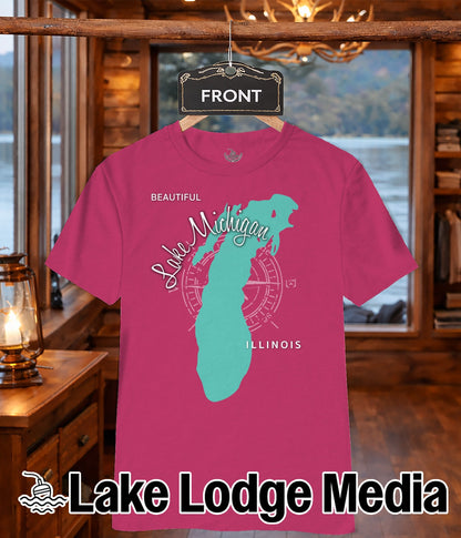 Pink t-shirt with teal Lake Michigan outline and "Lake Lodge Media" logo.