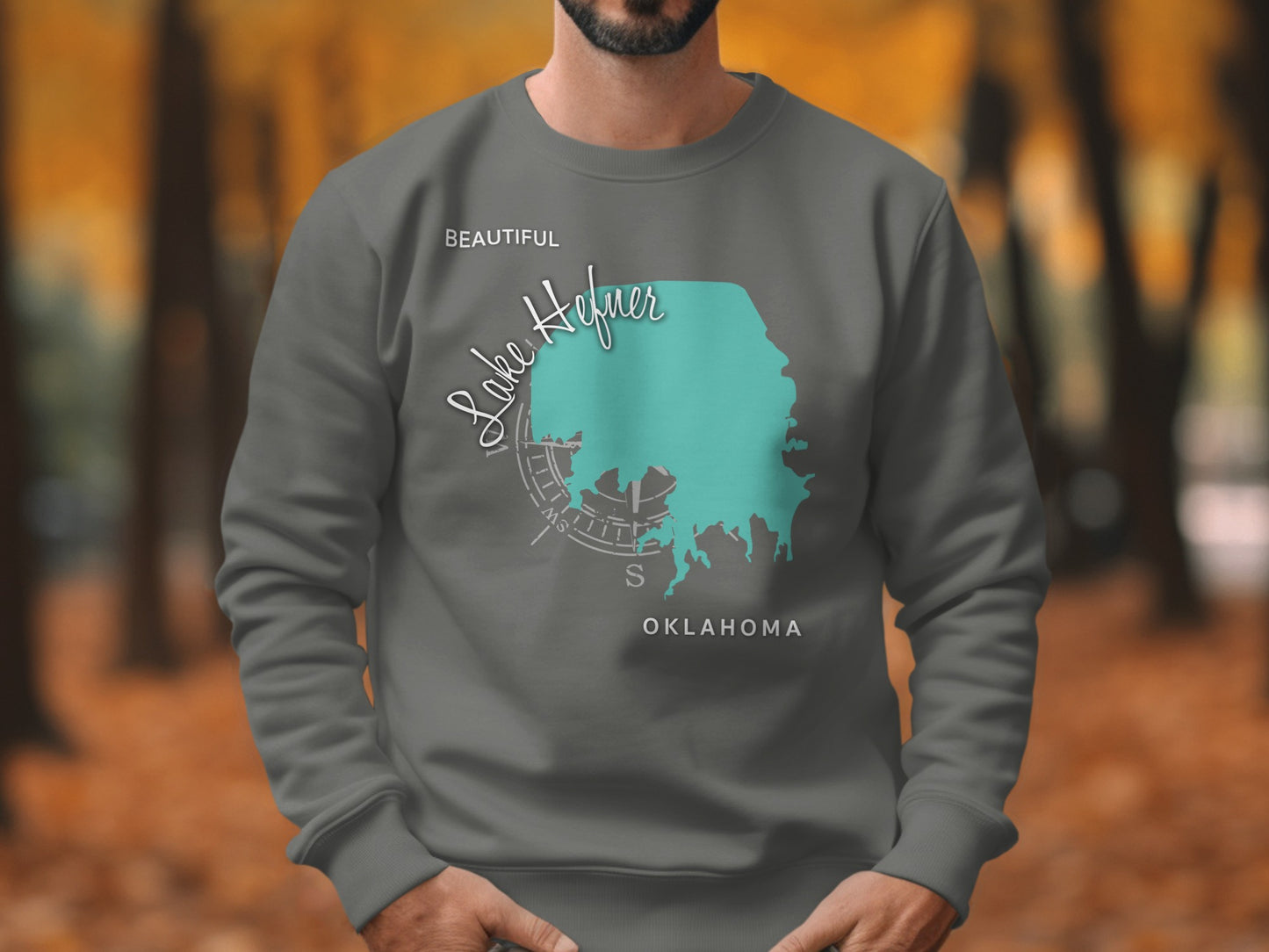 Gray sweatshirt with turquoise Lake Hfiner map outline and "Oklahoma" text.