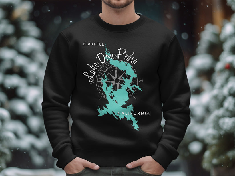 Black sweatshirt with turquoise Lake Don Pedro California map and compass graphic.