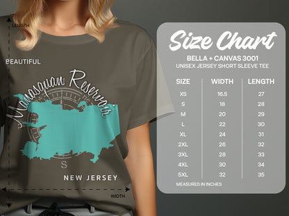 Unisex t-shirt size chart for Bella + Canvas 3001, showing measurements.
