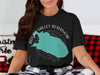 Black t-shirt with teal Round Valley Reservoir shape and compass graphic.