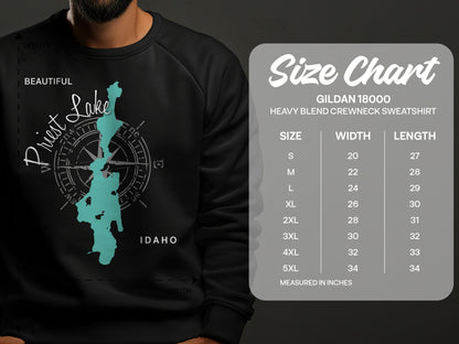 Sweatshirt with Priest Lake Idaho graphic and Gildan 18000 size chart.