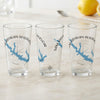 Three clear glasses with Sam Rayburn Reservoir map and compass graphics.