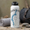 White water bottle with blue lake shape, compass design, and lake lodge text.