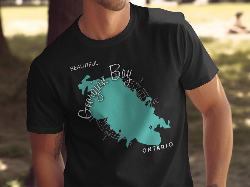 Black t-shirt with Georgian Bay, Ontario map and compass rose design.