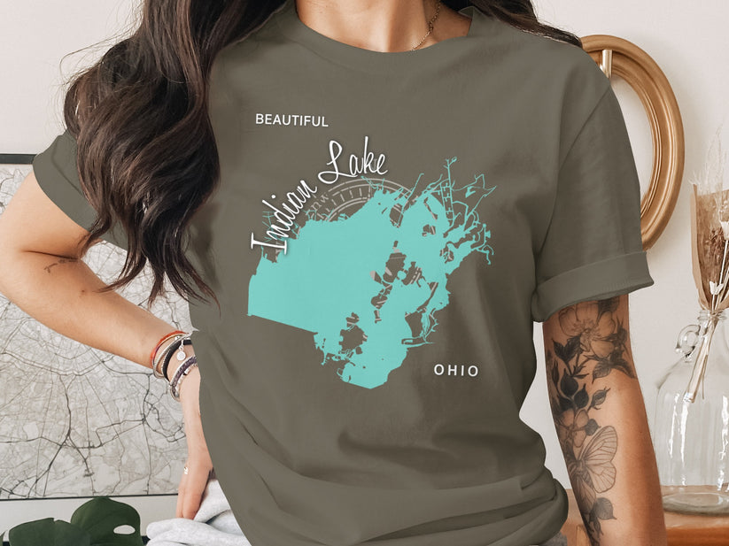 T-shirt with turquoise map of Indian Lake, Ohio.