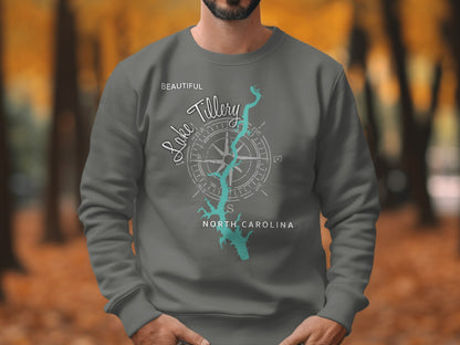 Grey sweatshirt with compass rose and "Beautiful Lake Tillery North Carolina" text.