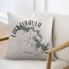 Square pillow with Lake Eufaula Oklahoma map design and compass rose graphic.