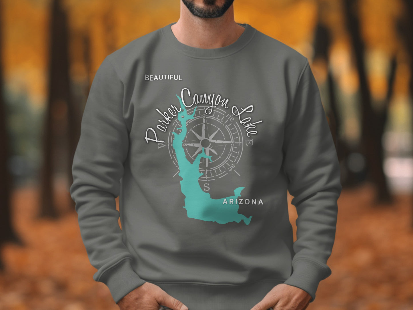 Grey sweatshirt featuring Parker Canyon Lake, Arizona map with compass.
