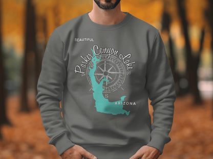 Grey sweatshirt featuring Parker Canyon Lake, Arizona map with compass.