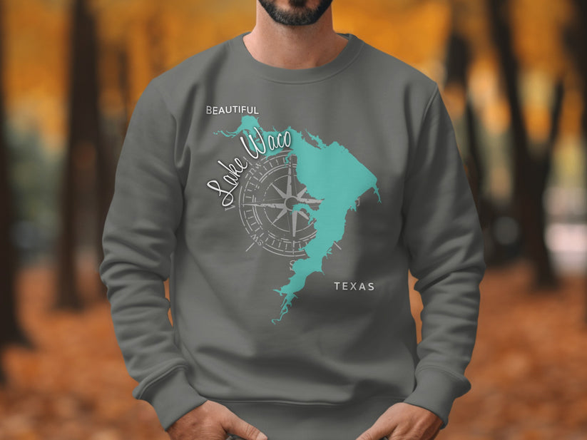 Grey sweatshirt with a turquoise map of Lake Waco and "Beautiful Lake Waco Texas" text.