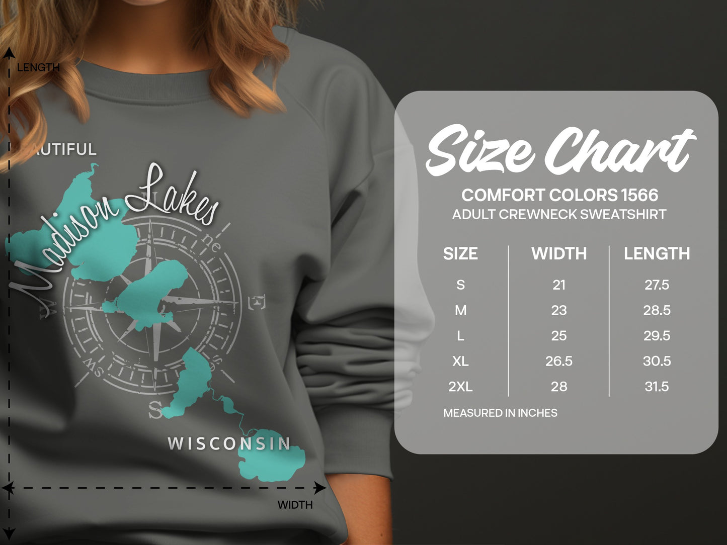 Madison Lakes graphic on sweatshirt with Comfort Colors size chart for crewneck sweatshirt.
