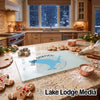 Tempered glass cutting board featuring a blue map of Lake Siskiyou and text on a kitchen counter.