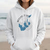 White hoodie with a blue Reelfoot Lake map and compass graphic.