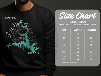 Lake Harding Georgia sweatshirt with GILDAN 18000 size chart.