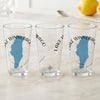 Three clear glasses with blue Lake Winnebago outlines and text.