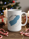 White mug with Convict Lake, California design and compass detail.
