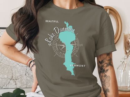 Olive green t-shirt with Lake Dunmore, Vermont map and compass design.