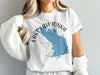 White t-shirt with blue Lake Lawtonka map and compass graphic: OKLAHOMA.