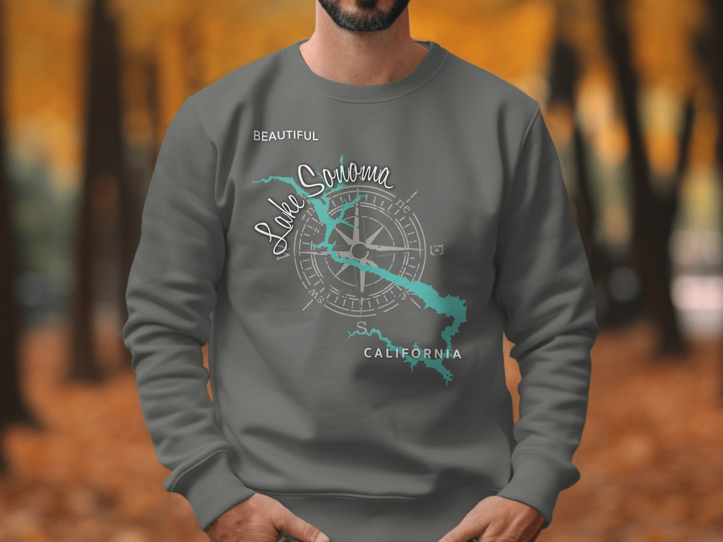 Dark grey sweatshirt with Lake Sonoma map and compass design.