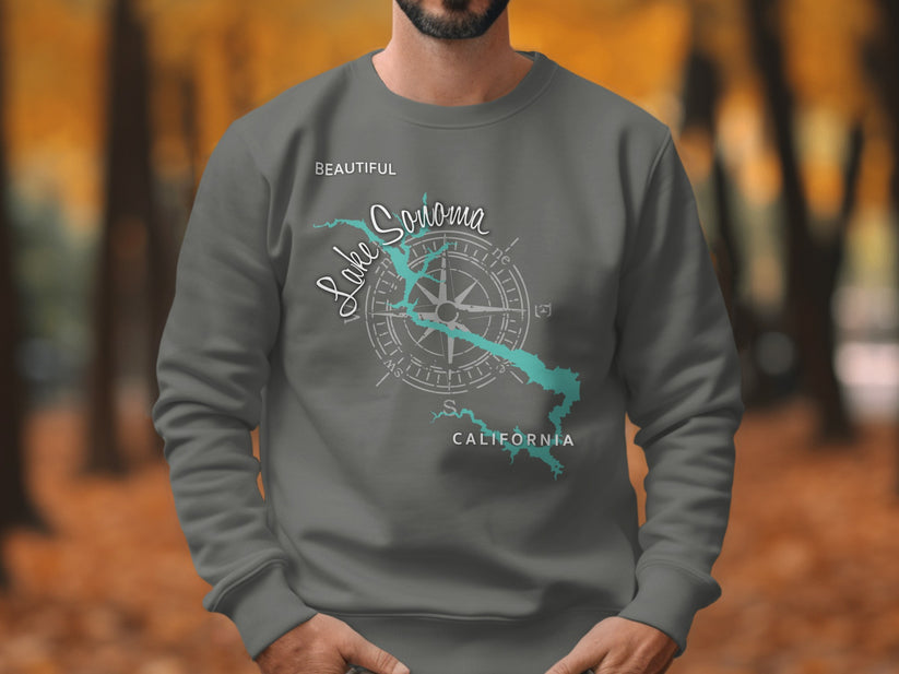 Dark grey sweatshirt with Lake Sonoma map and compass design.
