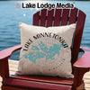 Light tan pillow with Lake Minnetonka map and compass on red chair.