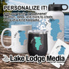 Mug, tumbler, and water bottle with "Lake Piru" map design on vintage wood.