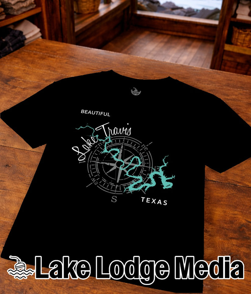 Black t-shirt with "Beautiful Lake Travis Texas" and compass graphic.