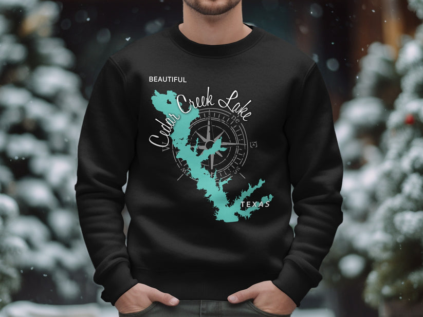 Black sweatshirt with a teal map of Cedar Creek Lake, Texas.