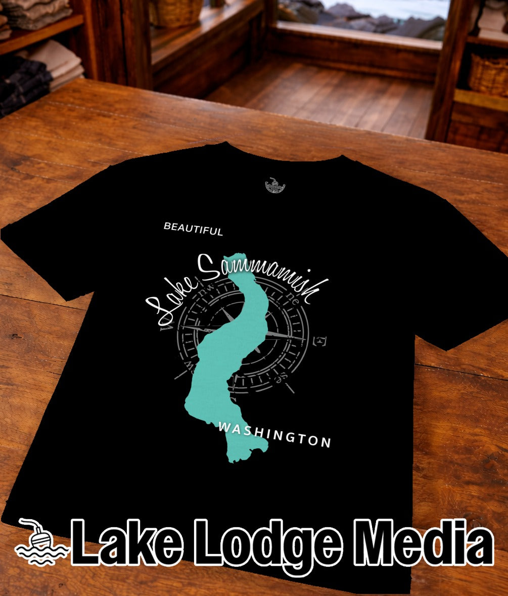 Black t-shirt with teal outline of Lake Sammamish and "Lake Lodge Media" logo.