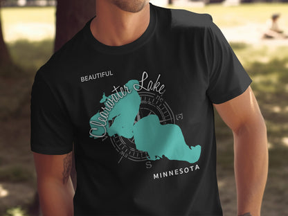 Black t-shirt with teal map outline of Clearwater Lake, Minnesota.