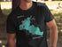 Black t-shirt with teal map outline of Clearwater Lake, Minnesota.