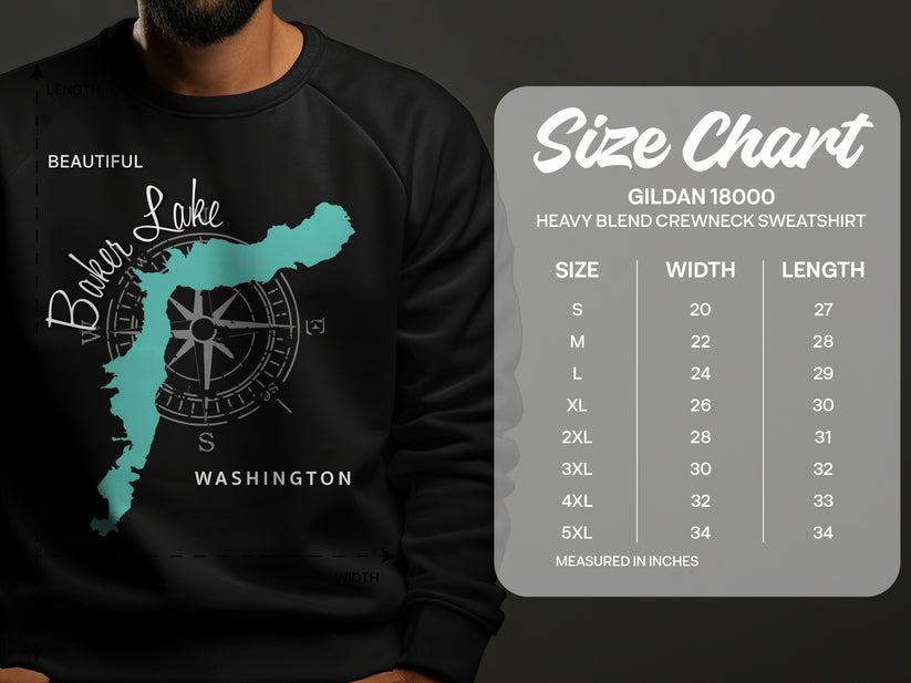 Gildan 18000 sweatshirt size chart with Baker Lake outline and compass rose.