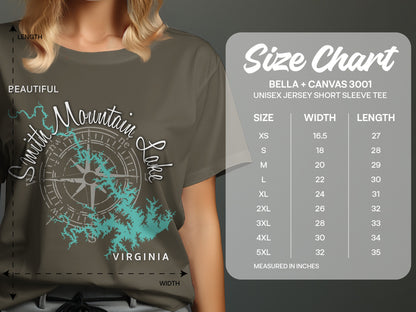 T-shirt size chart for Smith Mountain Lake graphic tee, measured in inches.