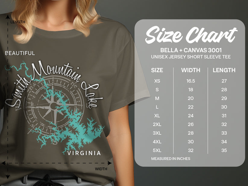 T-shirt size chart for Smith Mountain Lake graphic tee, measured in inches.