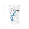 Clear glass pint glass with blue map of Lake Cecil M. Harden and compass design.