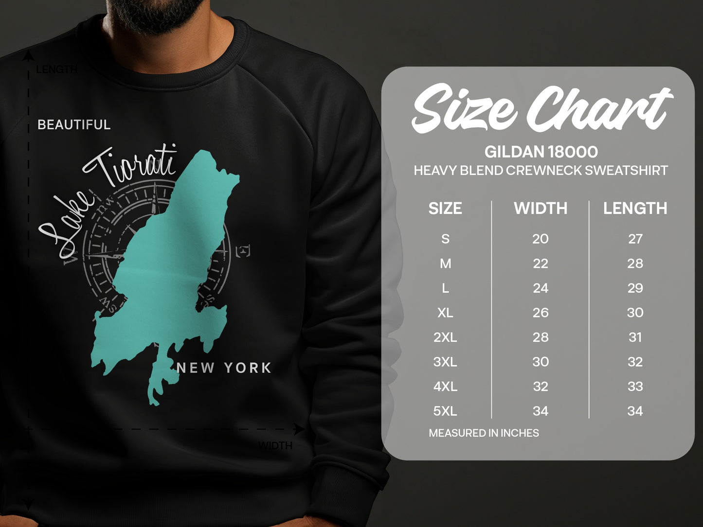 Gildan 18000 sweatshirt size chart with Lake Tiorati graphic.