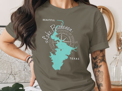 T-shirt with a teal outline map of Lake Buchanan, Texas and compass rose.